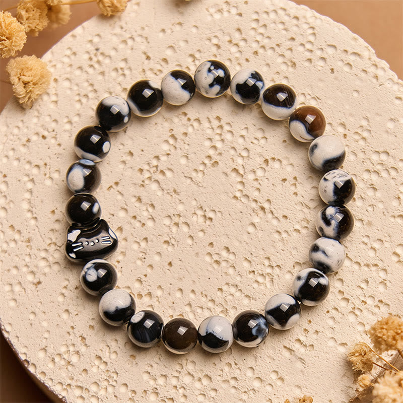 Buddha Stones Black and White Cat Fire Agate Confidence Bracelet - Black and White Cat(Wrist Circumference 15-16cm) - image 1