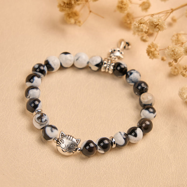 Buddha Stones Black and White Cat Fire Agate Bead Love Bracelet - image 4