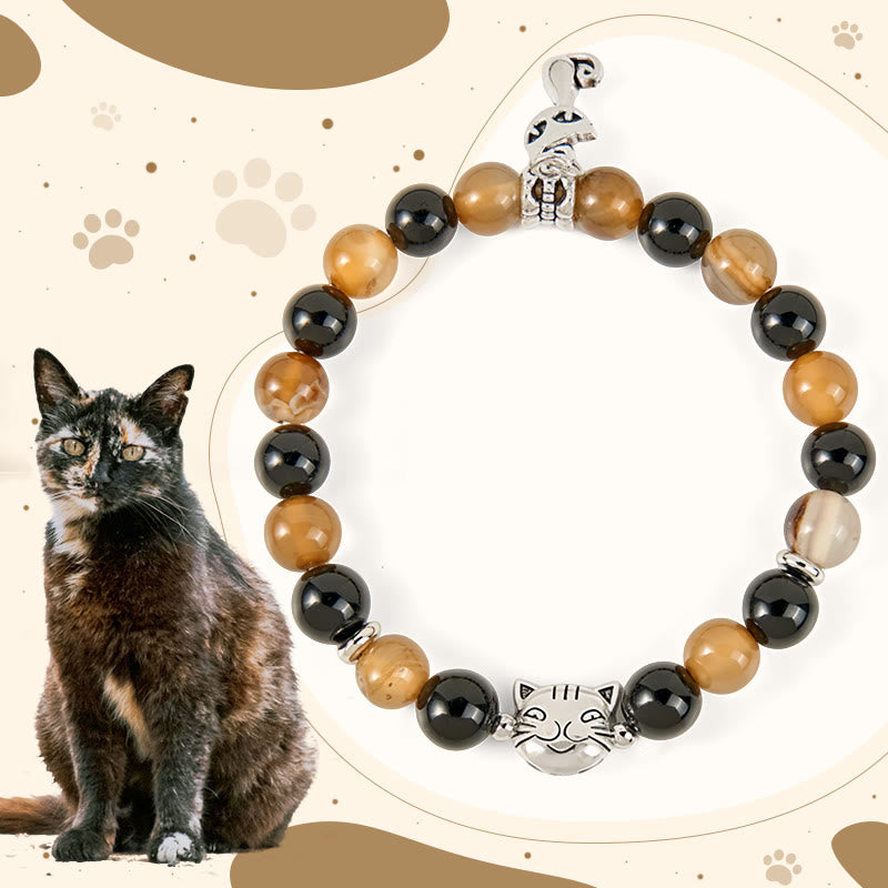 Buddha Stones Tortoiseshell Cat Light Brown Striped Agate Black Onyx Protection Bracelet - Tortoiseshell Cat(Wrist Circumference 15-16cm) - image 1