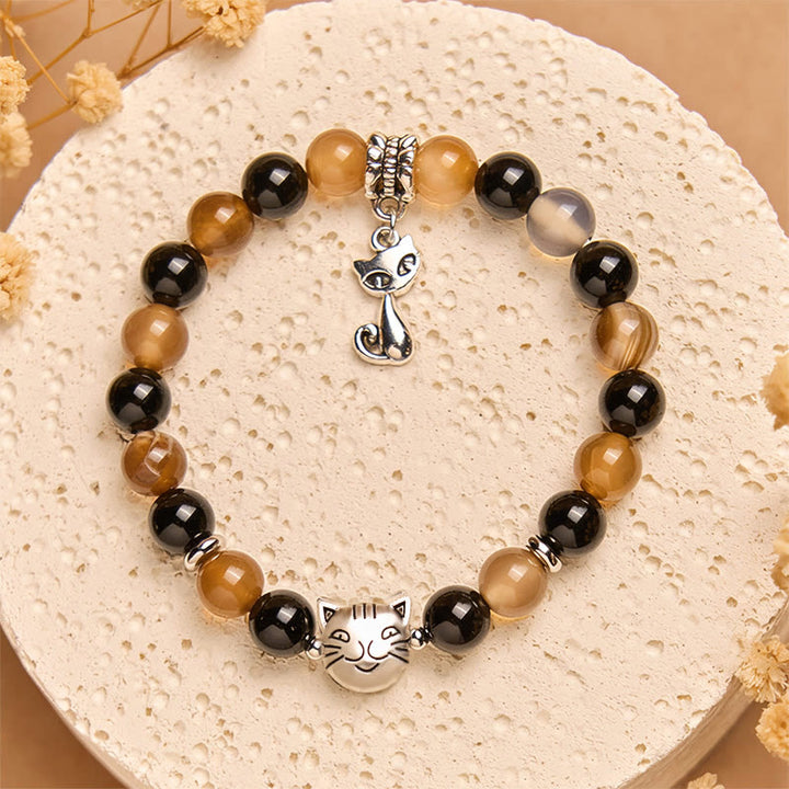 Buddha Stones Tortoiseshell Cat Light Brown Striped Agate Black Onyx Protection Bracelet - image 2