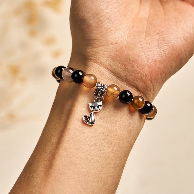 Buddha Stones Tortoiseshell Cat Light Brown Striped Agate Black Onyx Protection Bracelet - image 5