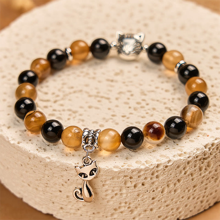 Buddha Stones Tortoiseshell Cat Light Brown Striped Agate Black Onyx Protection Bracelet - image 3