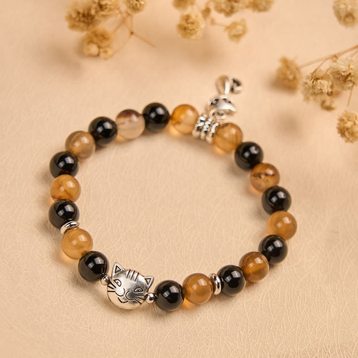Buddha Stones Tortoiseshell Cat Light Brown Striped Agate Black Onyx Protection Bracelet - image 4