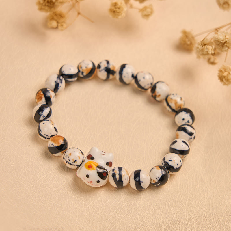 Buddha Stones Calico Cat Natural Stone Ceramic Kitten Head Strength Bracelet - image 4