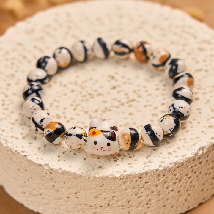 Buddha Stones Calico Cat Natural Stone Ceramic Kitten Head Strength Bracelet - image 3