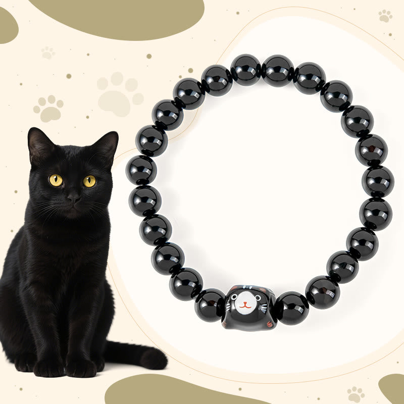 Buddha Stones Black Cat Natural Black Onyx Ceramic Kitten Support Bracelet - Black Cat(Wrist Circumference 15-16cm) - image 1