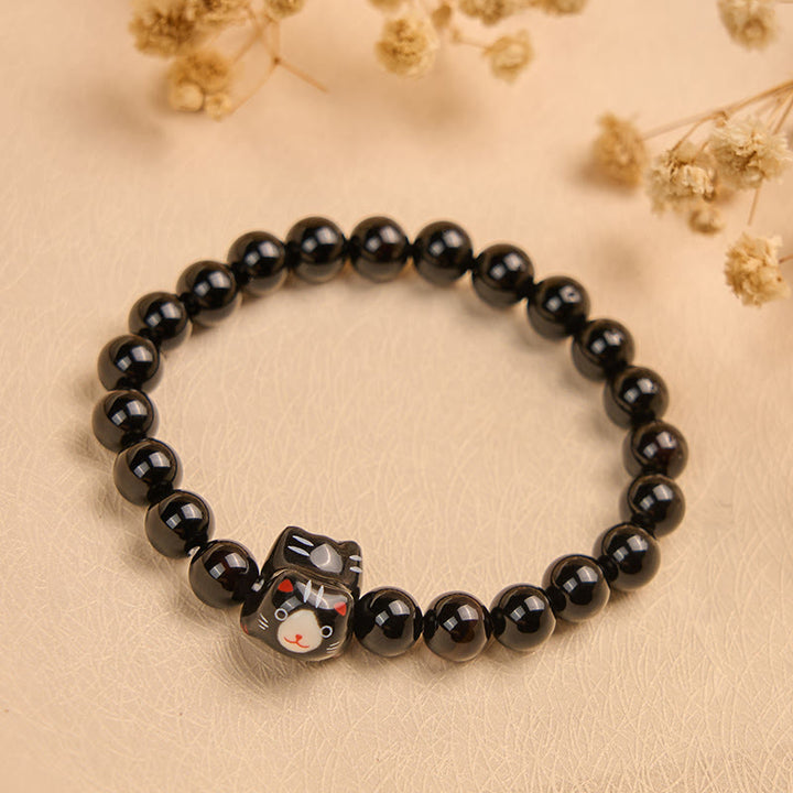 Buddha Stones Black Cat Natural Black Onyx Ceramic Kitten Support Bracelet - image 4