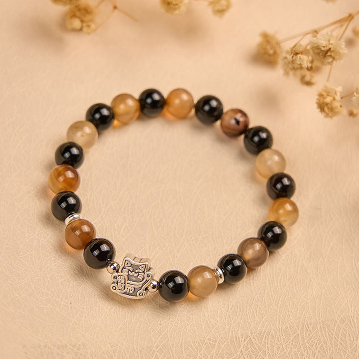 Buddha Stones 925 Sterling Silver Tortoiseshell Cat Light Brown Striped Agate Black Onyx Bracelet - image 2
