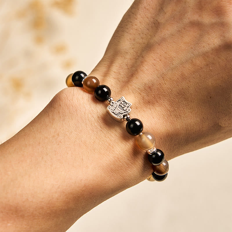 Buddha Stones 925 Sterling Silver Tortoiseshell Cat Light Brown Striped Agate Black Onyx Bracelet - image 4