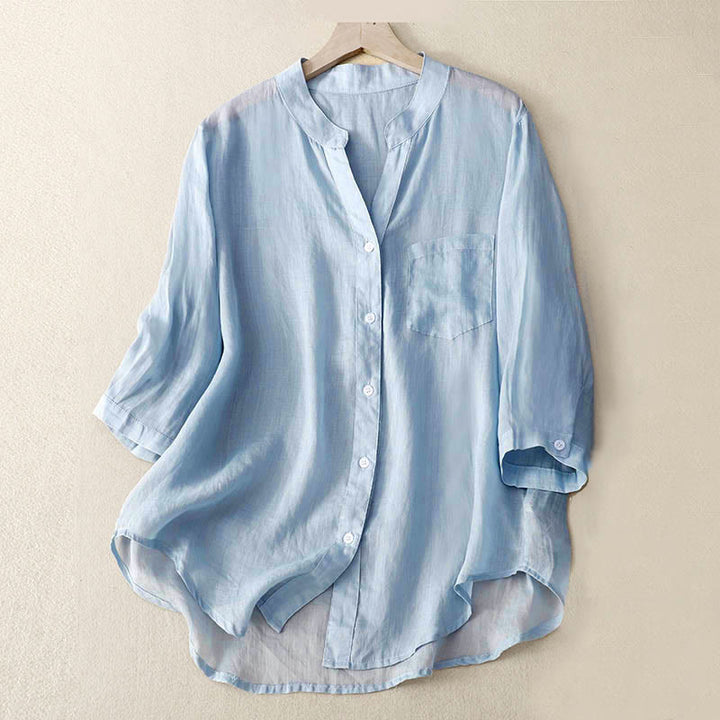 Buddha Stones Casual Plain Women's V-Neck Design Three Quarter Sleeve Cotton Viscose Shirt - LightBlue - US8-10，UK/AU12-14，EU40-42 (2XL) - image 0