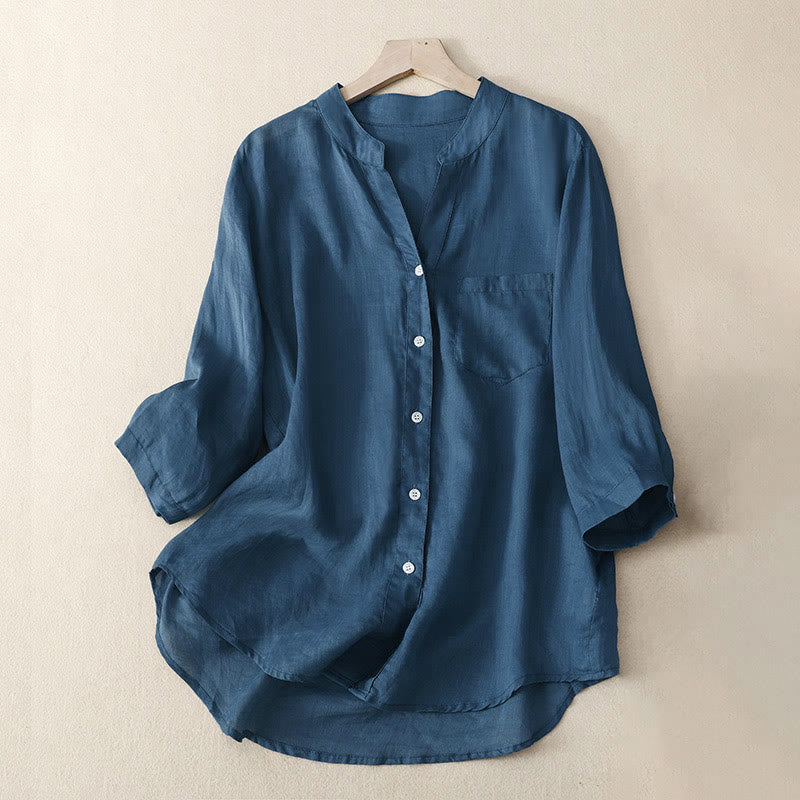 Buddha Stones Casual Plain Women's V-Neck Design Three Quarter Sleeve Cotton Viscose Shirt - SteelBlue - US8-10，UK/AU12-14，EU40-42 (2XL) - image 10