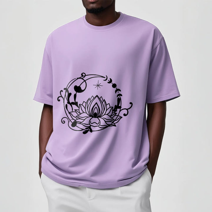 Buddha Stones Simple Design Lotus Flower Moon Flowing Vines Pattern Cotton Tee T-shirt - image 18