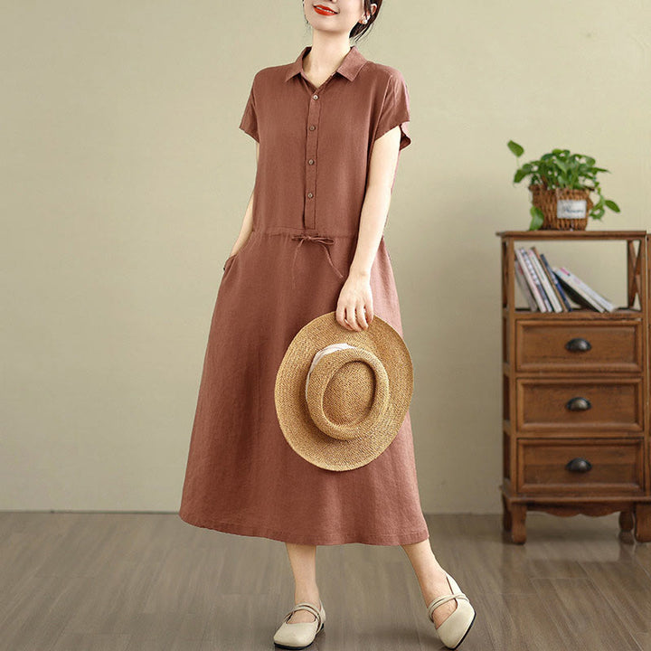 Buddha Stones Summer Plain Short Sleeve Drawstring Cotton Linen Midi Dress With Pockets - image 1