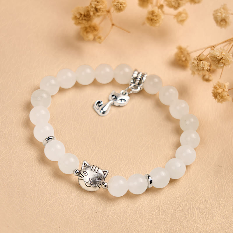Buddha Stones White Cat White Jade Luck Blessing Bracelet - image 4