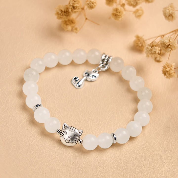 Buddha Stones White Cat White Jade Luck Blessing Bracelet - image 4