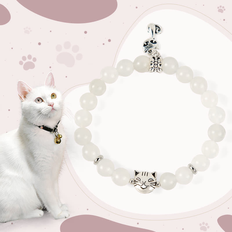 Buddha Stones White Cat White Jade Luck Blessing Bracelet - White Cat(Wrist Circumference 15-16cm) - image 1