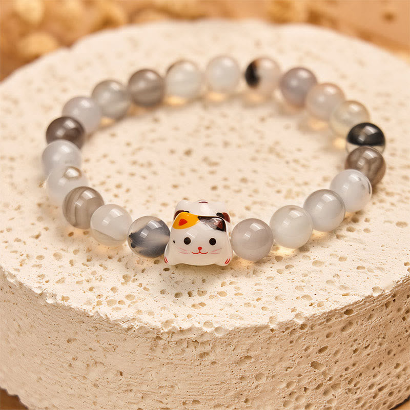 Buddha Stones Calico Cat Natural Agate Stone Ceramic Kitten Head Power Bracelet - image 3