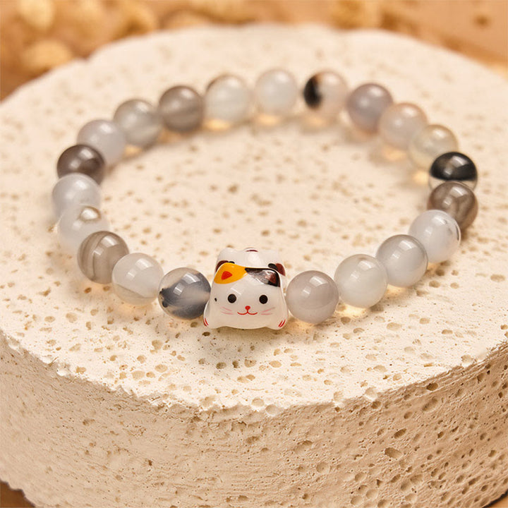 Buddha Stones Calico Cat Natural Agate Stone Ceramic Kitten Head Power Bracelet - image 3
