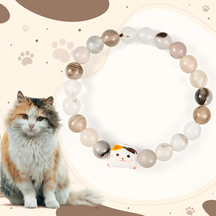 Buddha Stones Calico Cat Natural Agate Stone Ceramic Kitten Head Power Bracelet - Calico Cat(Wrist Circumference 15-16cm) - image 1