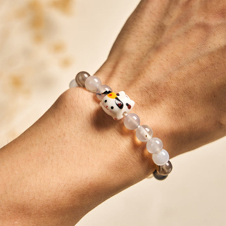 Buddha Stones Calico Cat Natural Agate Stone Ceramic Kitten Head Power Bracelet - image 5