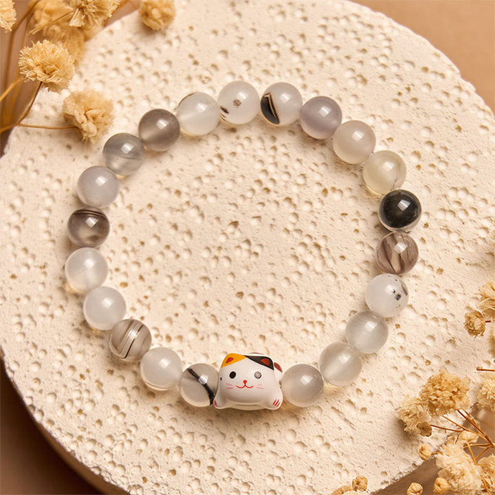 Buddha Stones Calico Cat Natural Agate Stone Ceramic Kitten Head Power Bracelet - image 2