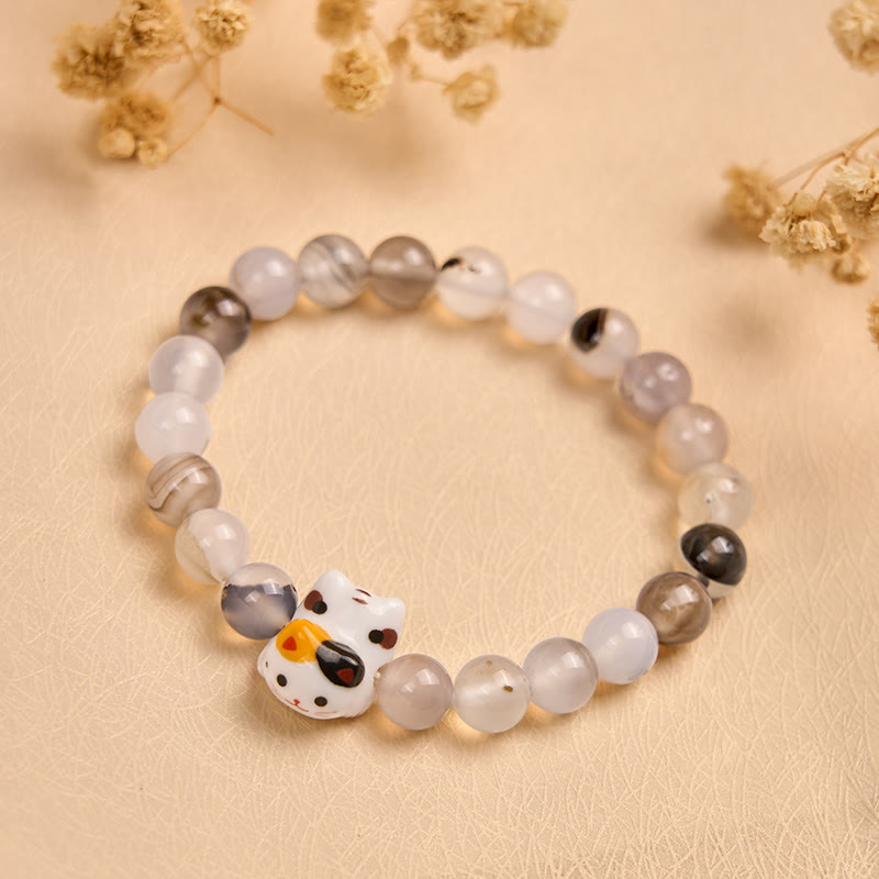 Buddha Stones Calico Cat Natural Agate Stone Ceramic Kitten Head Power Bracelet - image 4
