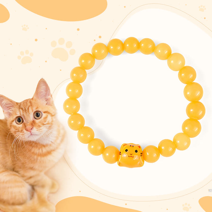 Buddha Stones Orange Tabby Cat Yellow Chalcedony Ceramic Kitten Joy Bracelet - Orange Tabby Cat(Wrist Circumference 15-16cm) - image 0
