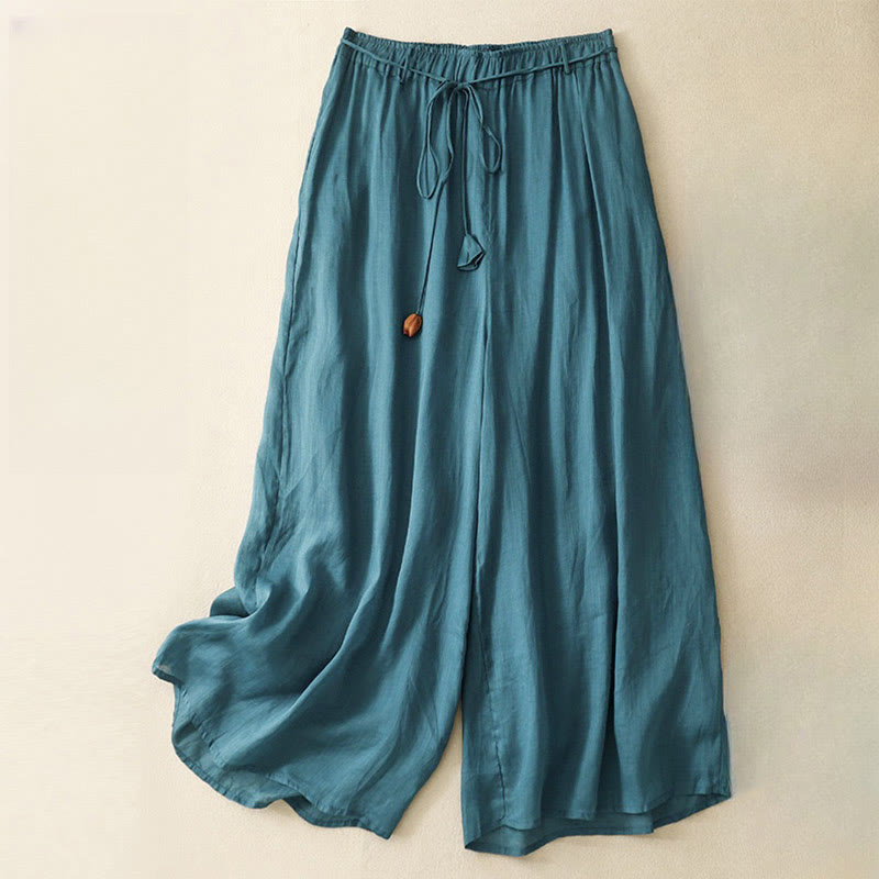 Buddha Stones Simple Design Drawstring Cotton Women's Wide Leg Pants With Pockets - Teal - US8-10，UK/AU12-14，EU40-42 (2XL) - image 1