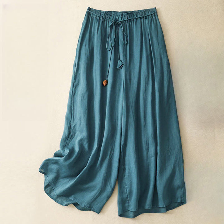 Buddha Stones Simple Design Drawstring Cotton Women's Wide Leg Pants With Pockets - Teal - US8-10，UK/AU12-14，EU40-42 (2XL) - image 1