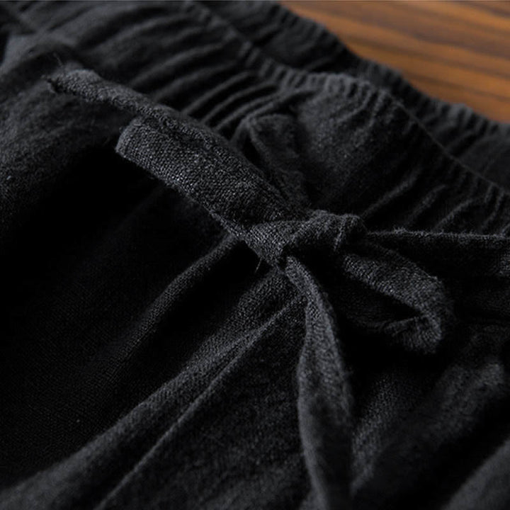 Buddha Stones Casual Solid Color Simple Design Drawstring Ramie Linen Men's Pants With Pockets - image 14