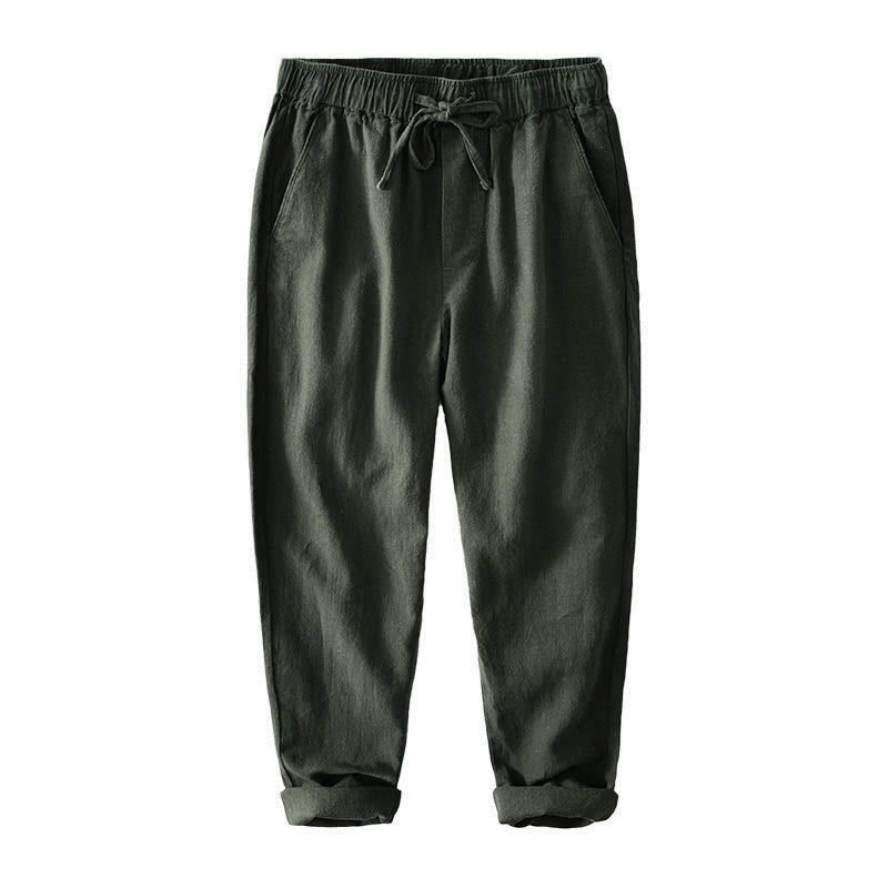 Buddha Stones Casual Solid Color Simple Design Drawstring Ramie Linen Men's Pants With Pockets - image 28