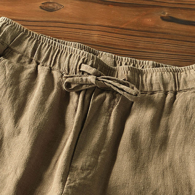 Buddha Stones Casual Solid Color Simple Design Drawstring Ramie Linen Men's Pants With Pockets - image 30