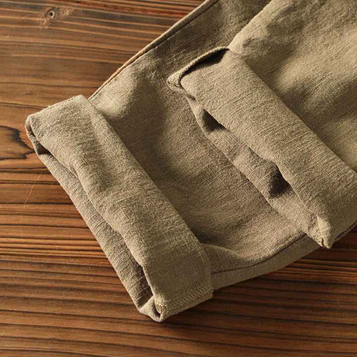 Buddha Stones Casual Solid Color Simple Design Drawstring Ramie Linen Men's Pants With Pockets - image 32