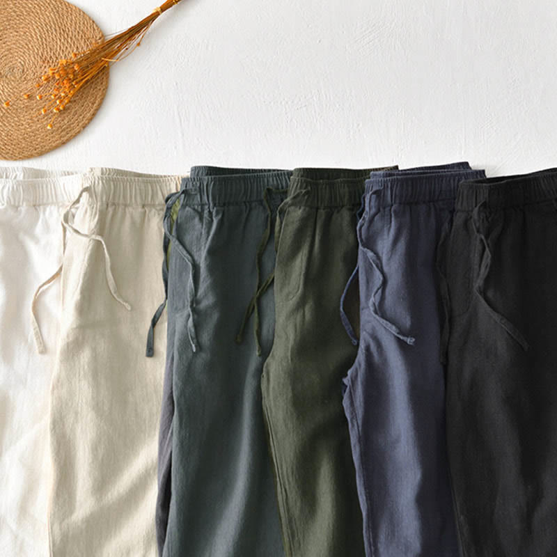 Buddha Stones Casual Solid Color Simple Design Drawstring Ramie Linen Men's Pants With Pockets - image 33