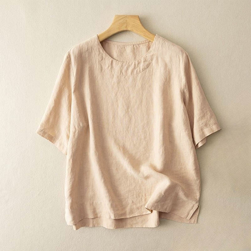 Buddha Stones Simple Plain Short Sleeve Crew Neck Side Slit Cotton Women's T-Shirt - Khaki - US8-10，UK/AU12-14，EU40-42 (3XL) - image 2