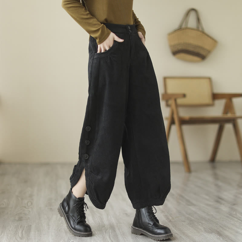 Buddha Stones Casual Buttons Leg Opening Design Women's Corduroy Pants With Pockets - Black - US8-10，UK/AU12-14，EU40-42 (2XL) - image 6