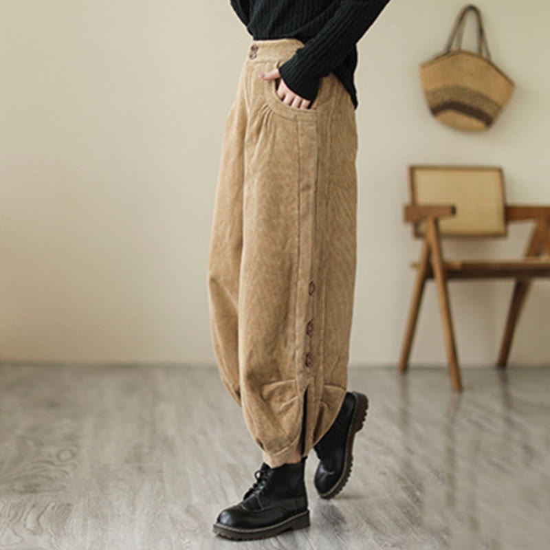 Buddha Stones Casual Buttons Leg Opening Design Women's Cotton Corduroy Pants With Pockets - image 1