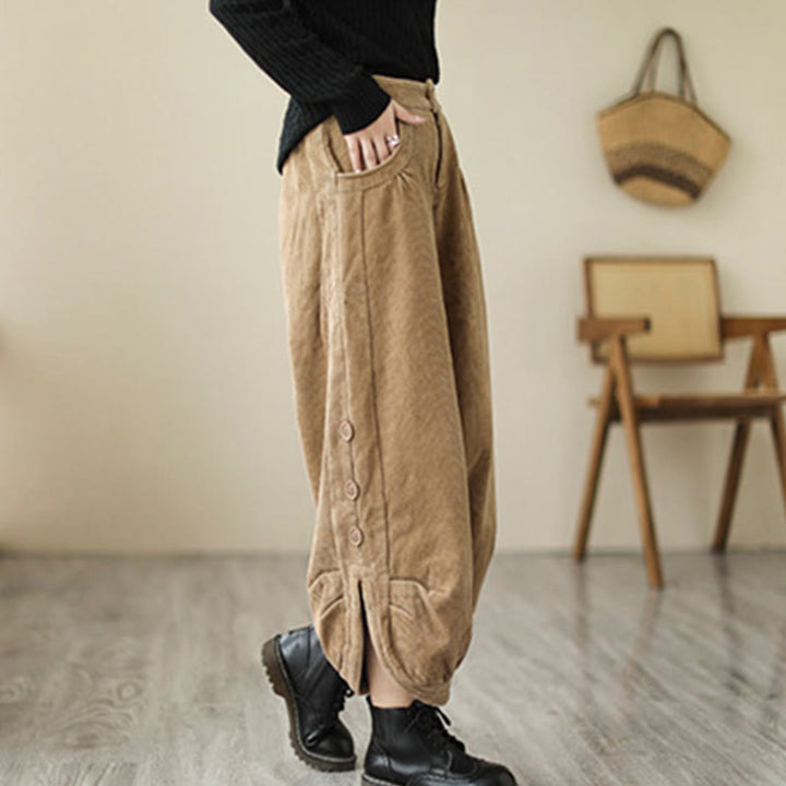 Buddha Stones Casual Buttons Leg Opening Design Women's Corduroy Pants With Pockets - image 3