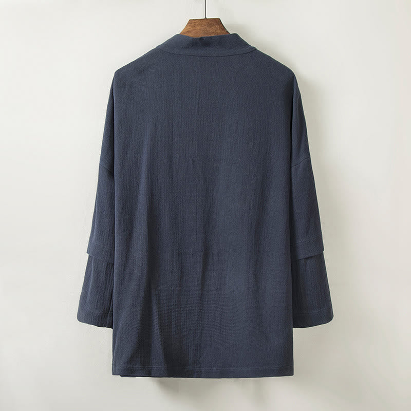 Buddha Stones Pure Color Open Front Jacket Men's Cotton Linen Long Sleeve Kimono With Pockets - image 2