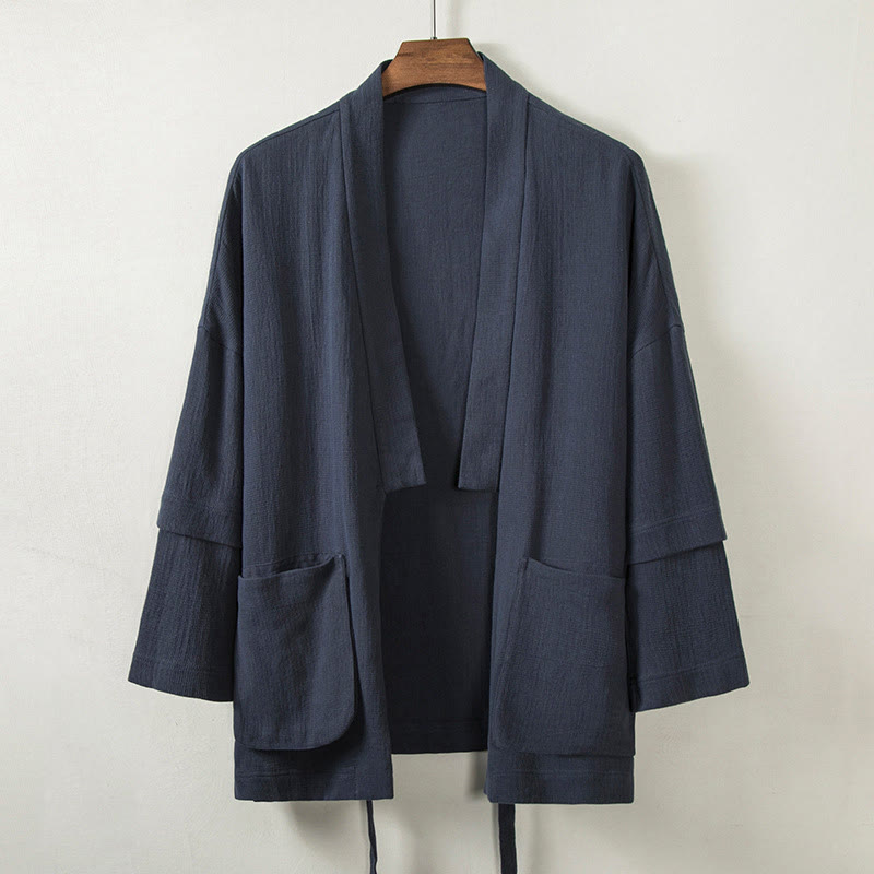 Buddha Stones Pure Color Open Front Jacket Men's Cotton Linen Long Sleeve Kimono With Pockets - MidnightBlue - US/UK/AU48，EU58 (4XL) - image 1