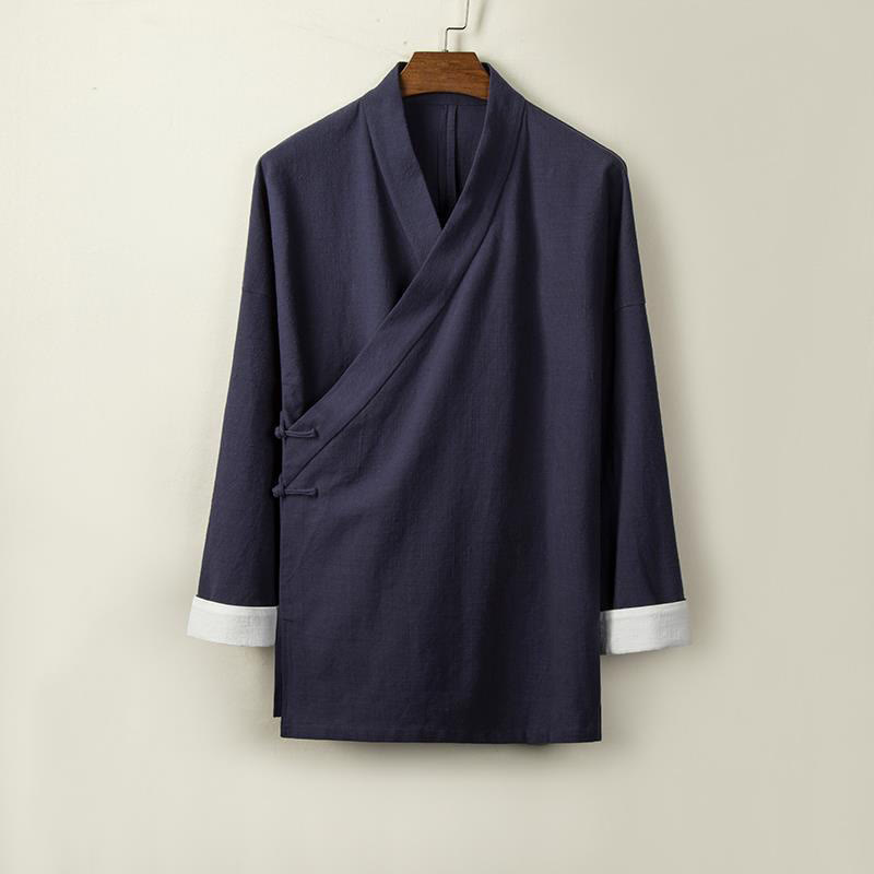Buddha Stones Chinese Frog-Buttons Long Sleeve Design Open Front Jacket Men's Cotton Linen Kimono - MidnightBlue - US/UK/AU44，EU54 (4XL) - image 7