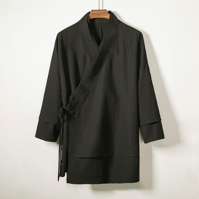 Buddha Stones Lace-Up Design Open Front Jacket Men's Cotton Linen Long Sleeve Kimono - Black - US/UK/AU44，EU54 (4XL) - image 1
