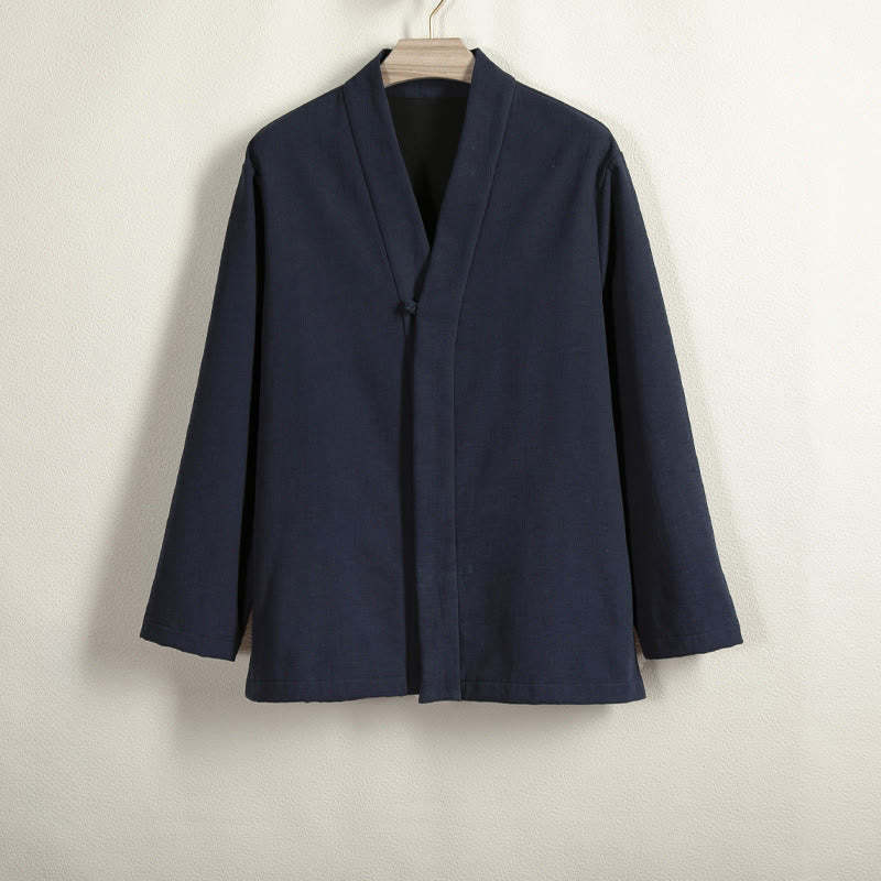 Buddha Stones Men's Long Sleeve Frog-Button Open Front Fleece-Lined Cotton Linen Jacket Kimono - MidnightBlue - US/UK/AU44，EU54 (4XL) - image 0