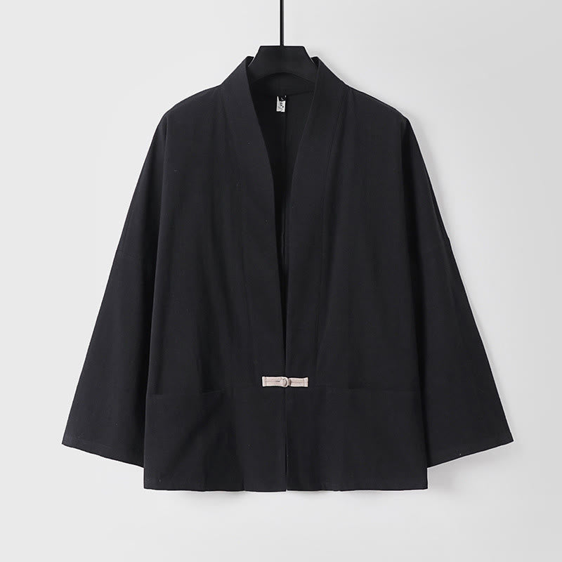 Buddha Stones Long Sleeve Buttons Design Men's Open Front Cotton Linen Jacket Kimono With Pockets - Black - US/UK/AU54，EU64 (9XL) - image 2