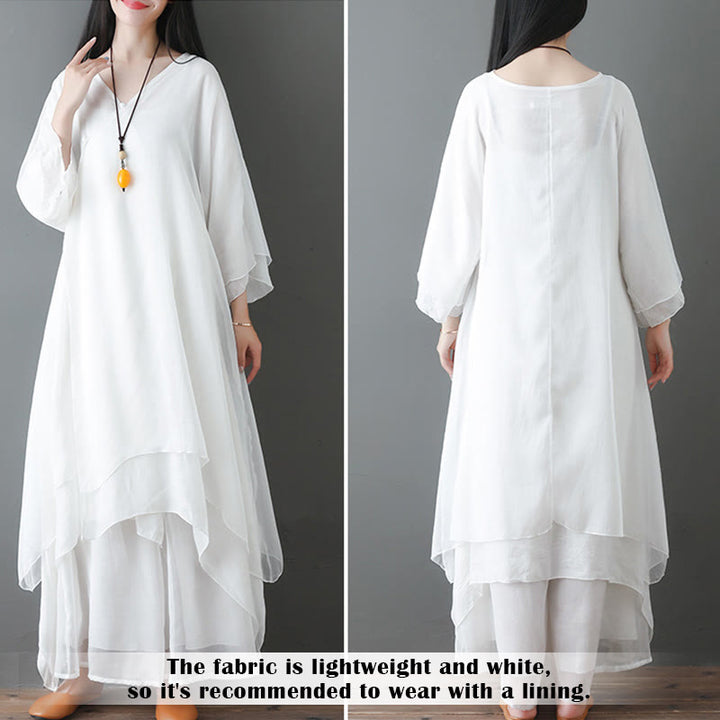 Buddha Stones V-Neck Midi Tunic Dress Wide Leg Pants Meditation Zen Practice Dance Clothing - image 6