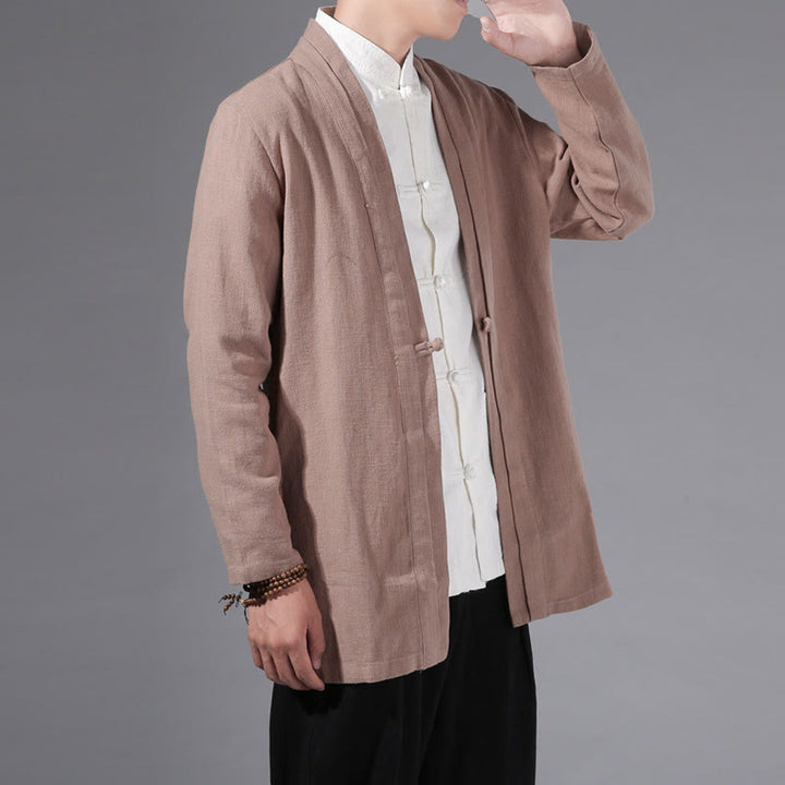 Buddha Stones Plain Simple Design Open Front Cotton Linen Men's Long Sleeve Jacket Kimono - Wheat - US/UK/AU42，EU52 (3XL) - image 20