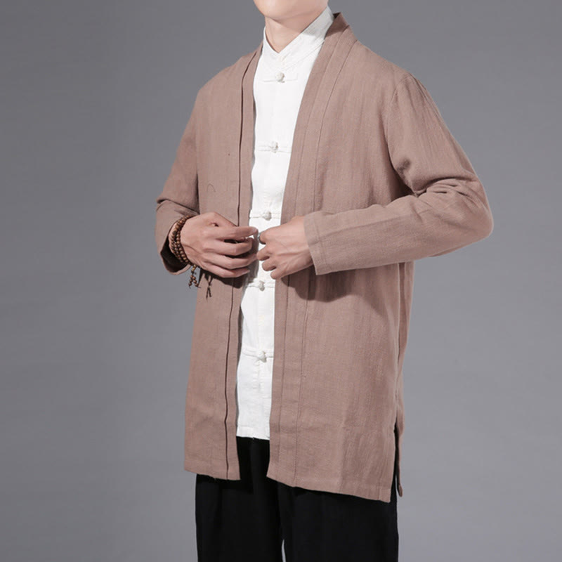 Buddha Stones Plain Simple Design Open Front Cotton Linen Men's Long Sleeve Jacket Kimono - image 23