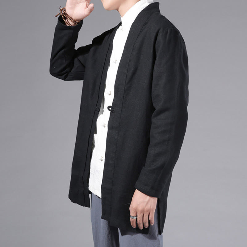 Buddha Stones Plain Simple Design Open Front Cotton Linen Men's Long Sleeve Jacket Kimono - image 12