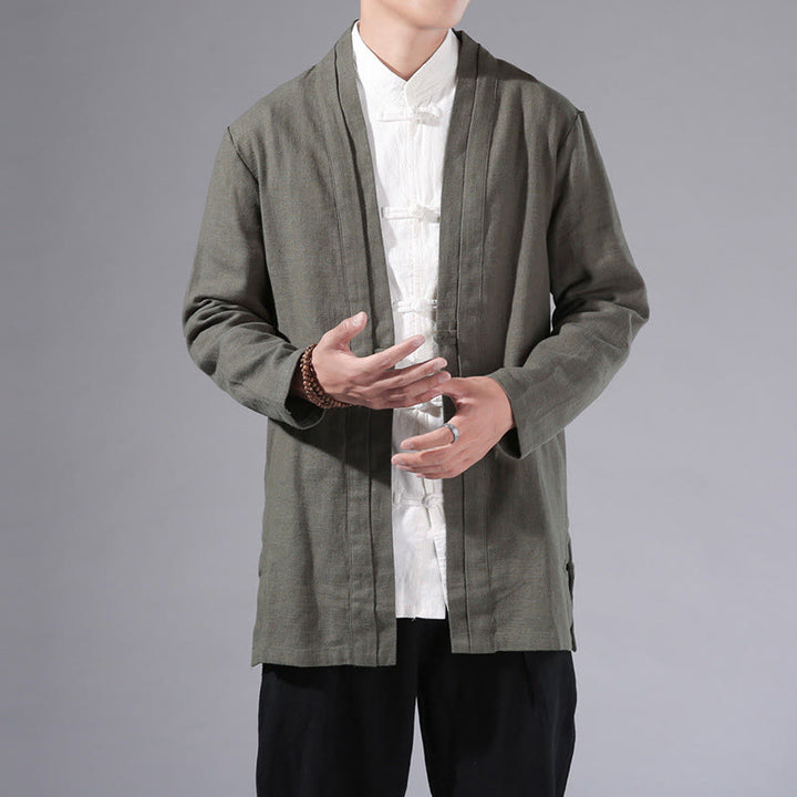 Buddha Stones Plain Simple Design Open Front Cotton Linen Men's Long Sleeve Jacket Kimono - DarkSeaGreen - US/UK/AU42，EU52 (3XL) - image 0