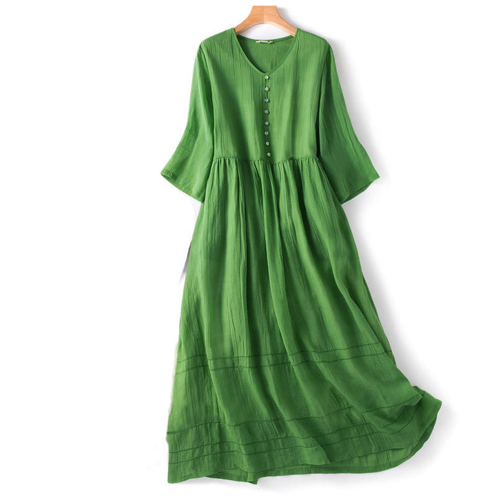 Buddha Stones Summer V-Neck Design Half Sleeve Cotton Midi Dress - Green - US14，UK/AU18，EU46 (2XL) - image 1